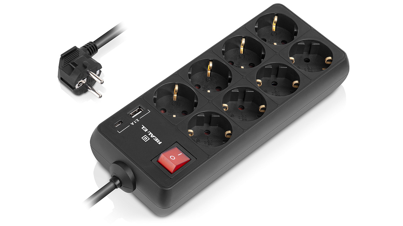 Фільтр мережевий REAL-EL RS-Protect 805, 8 розеток 3 м, black (EL122300043)